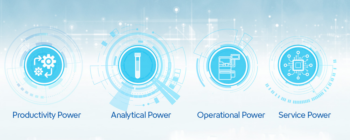 Una imagen de 4 iconos que representan los cuatro poderes: poder de la productividad, poder analítico, poder operativo y poder de los servicios