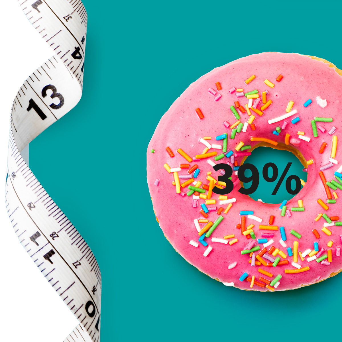 [.ES-es Spain (spanish)] •	A measuring tape and a doughnut with pink icing and colourful sugar sprinkle as a metaphor for obesity